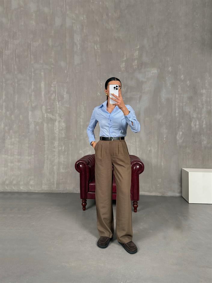 Kahve Kemerli İthal Kumaş Palazzo Pantolon Gaus00090