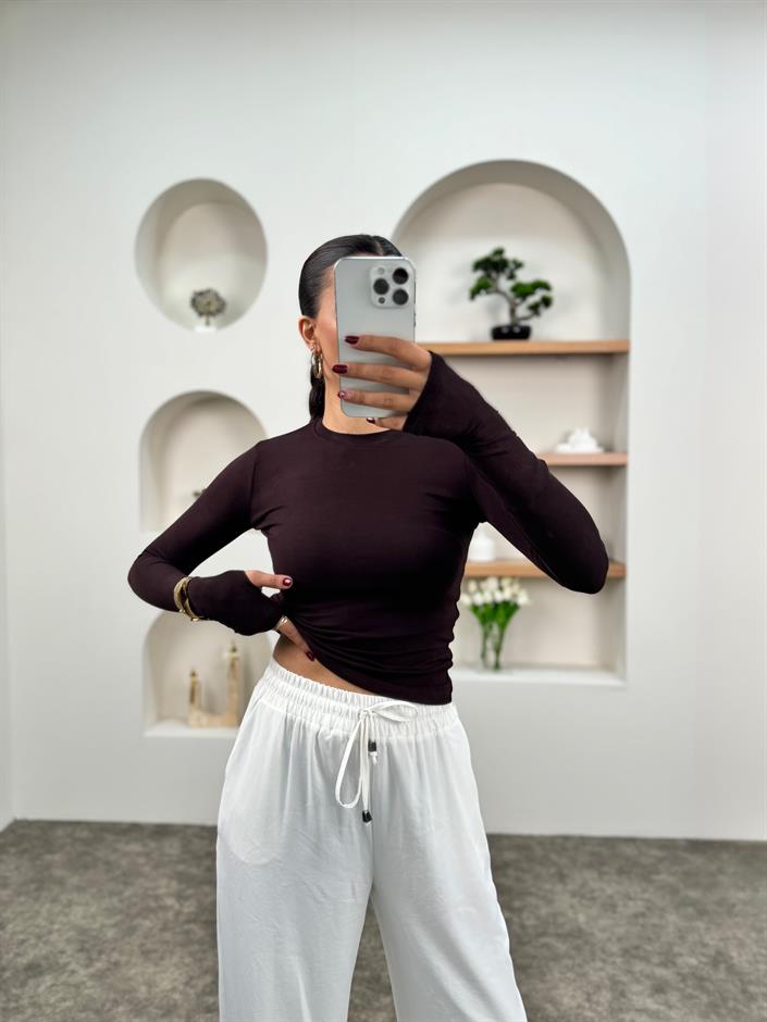 Odri Kahve Oys Modal Kumaş Bisiklet Yaka El Detaylı Bluz