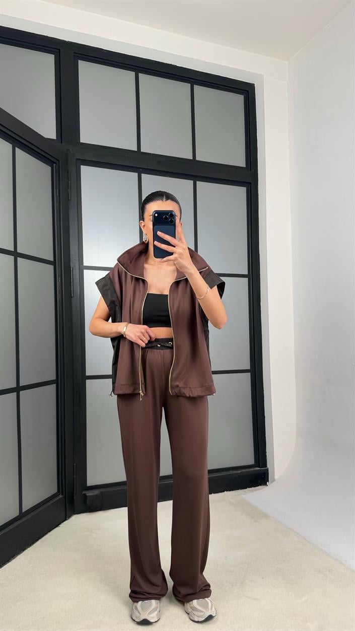 Kahve Paraşüt Kumaş Detaylı Yelek Pantolon İkili Modal Kumaş Takım GAUS-01369