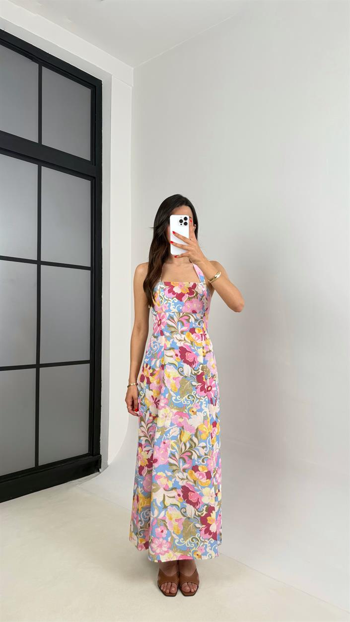 Floral Desenli Boyundan Bağlamalı Keten Elbise Gaus00515