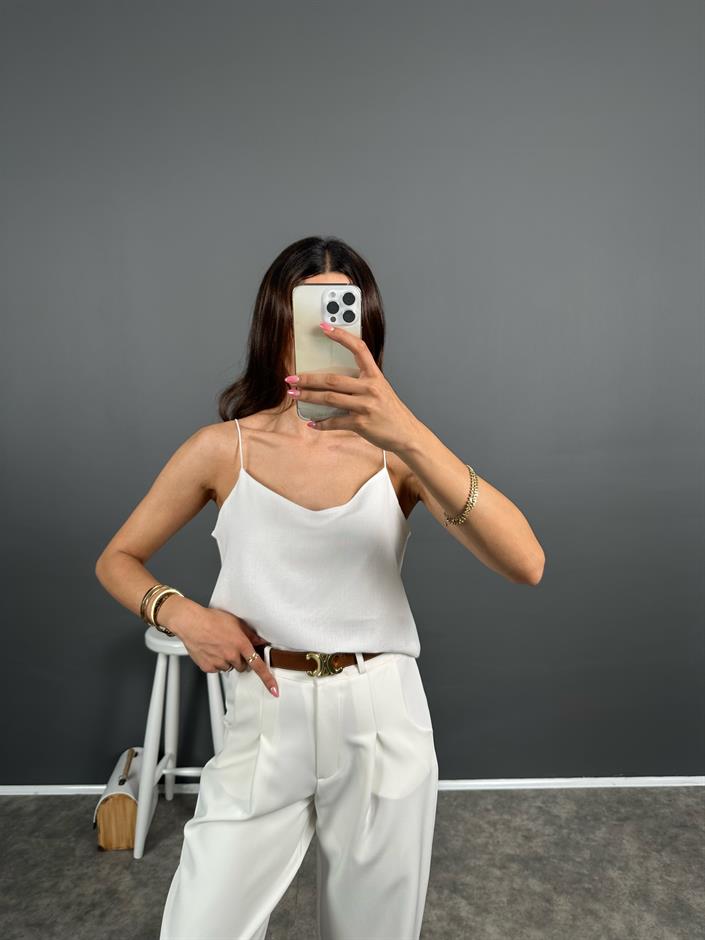 Exa Beyaz Askılı Keten Crop Bluz