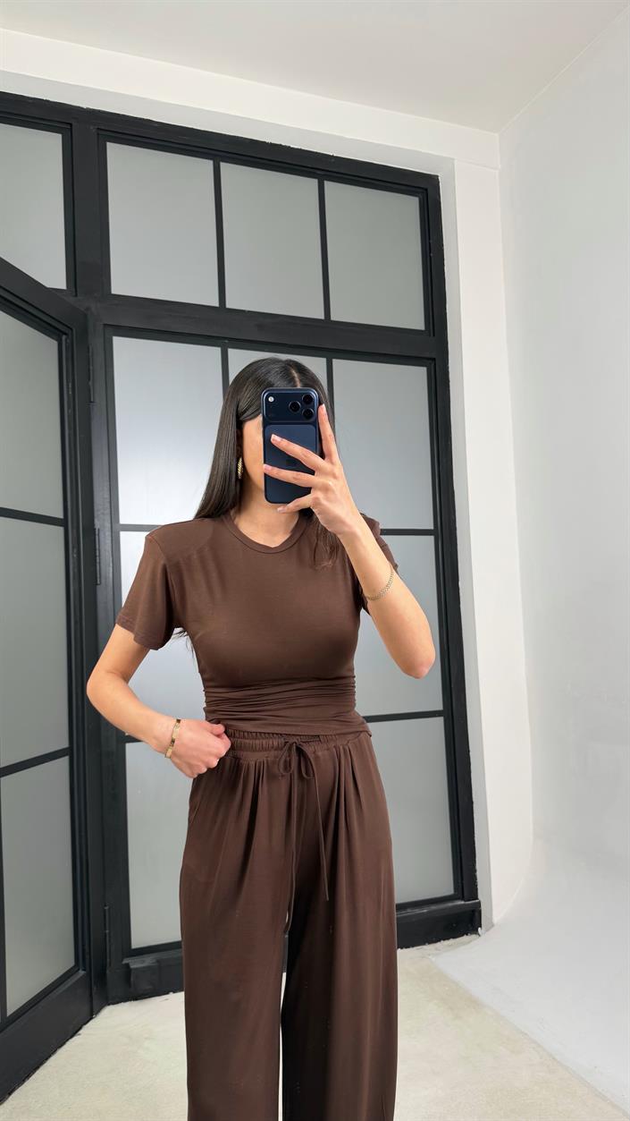 Acı Kahve Beli Ayarlanabilir Vatkalı Bluz Eşofman Takım GAUS-01404