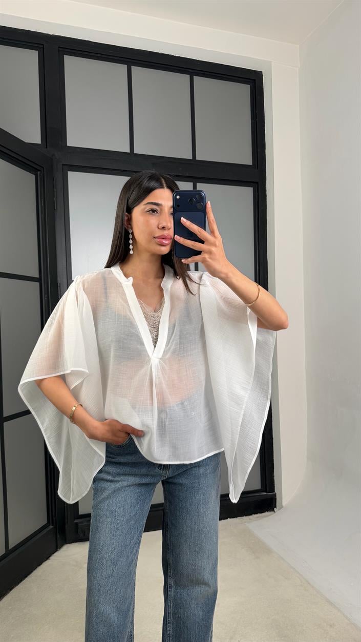 Beyaz Tasarım Taş Detaylı Gömlek GAUS-01541