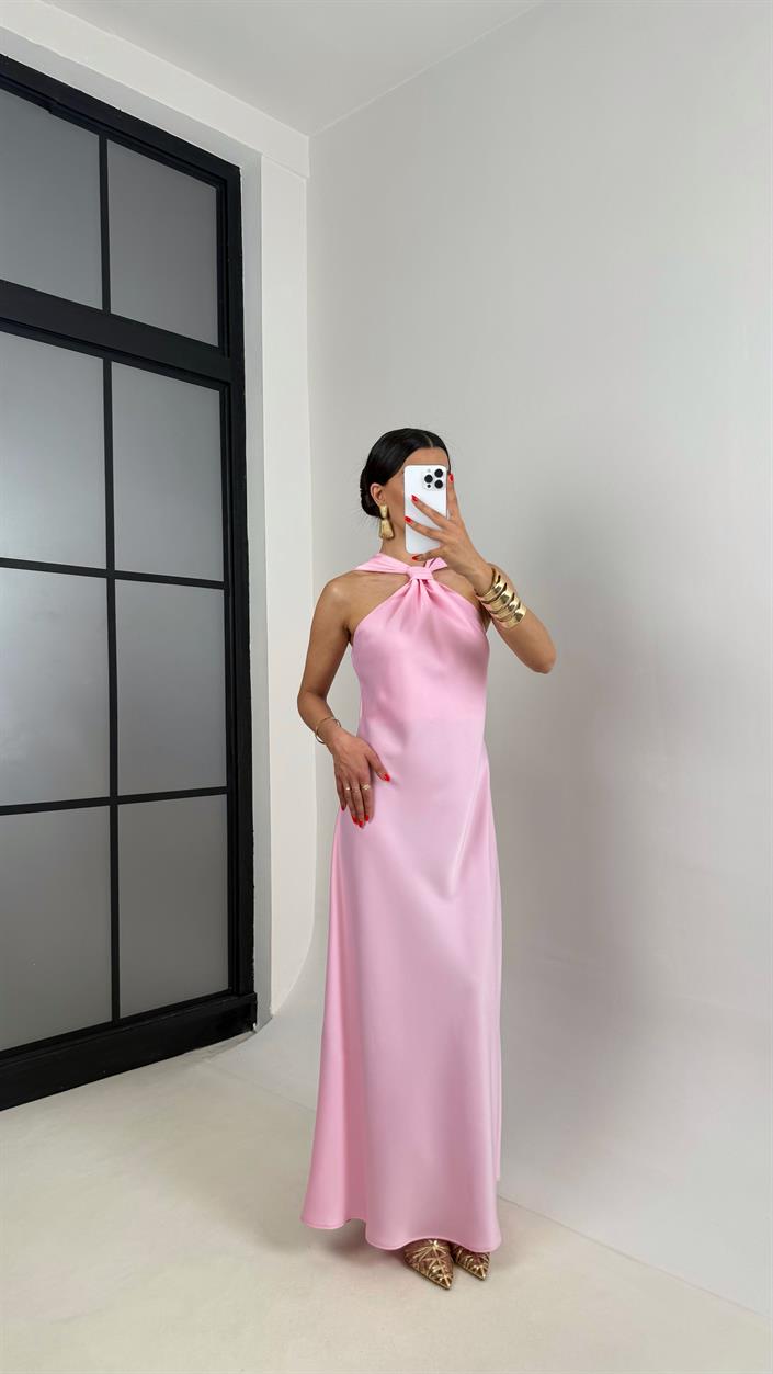 Pembe Bağlama Detaylı Saten Elbise Gaus00503
