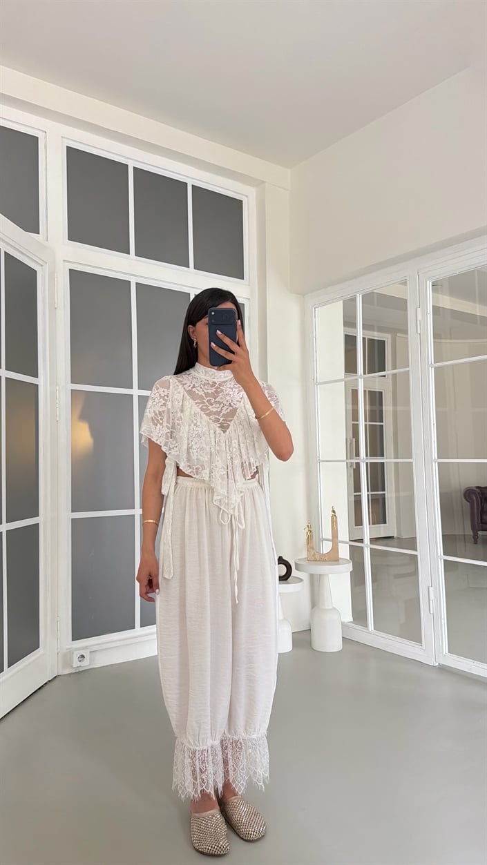 Beyaz Beli Lastikli Dantel Detaylı Pinterest Şalvar GAUS-01763