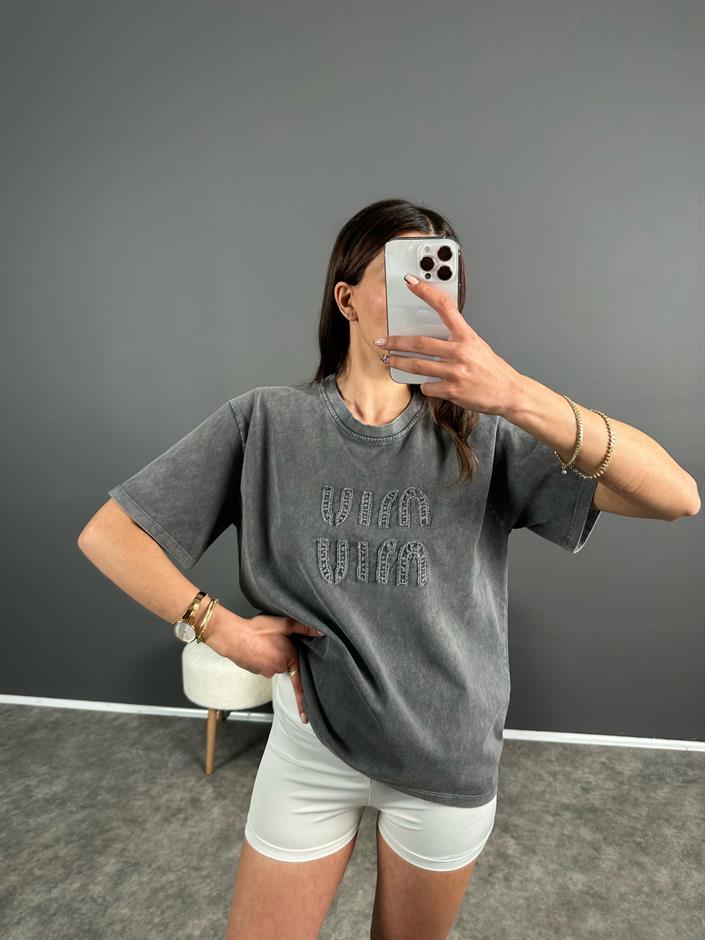 M Baskılı Eskitme Tshirt
