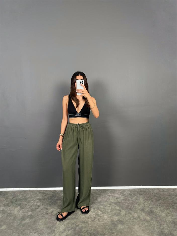 MD Haki Beli Lastikli Cepli  İthal Kumaş Rahat Dokuma Muadil Pantolon