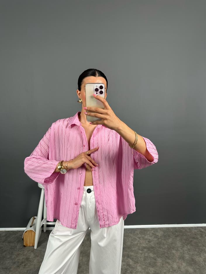 Foam Premium Pembe Çizgili Oversize Gömlek