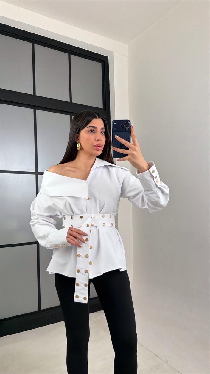 Beyaz Zımba Detaylı Kemerli Tasarım Gömlek GAUS-01071