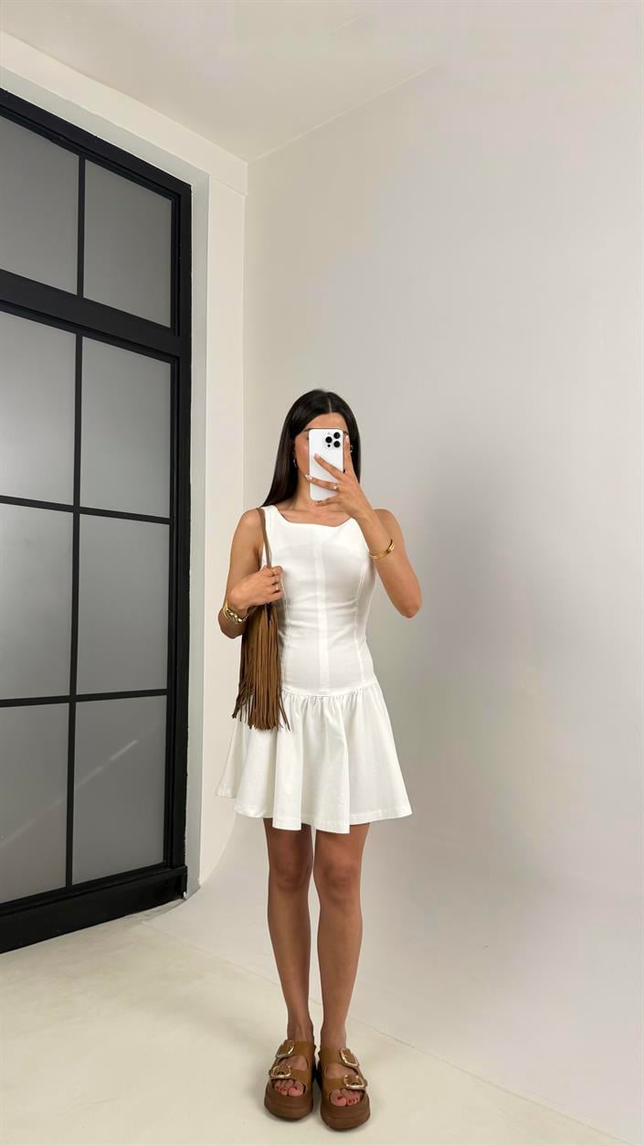 Beyaz Sıfır Kollu Fermuarlı Pileli Denim Elbise Gaus00610
