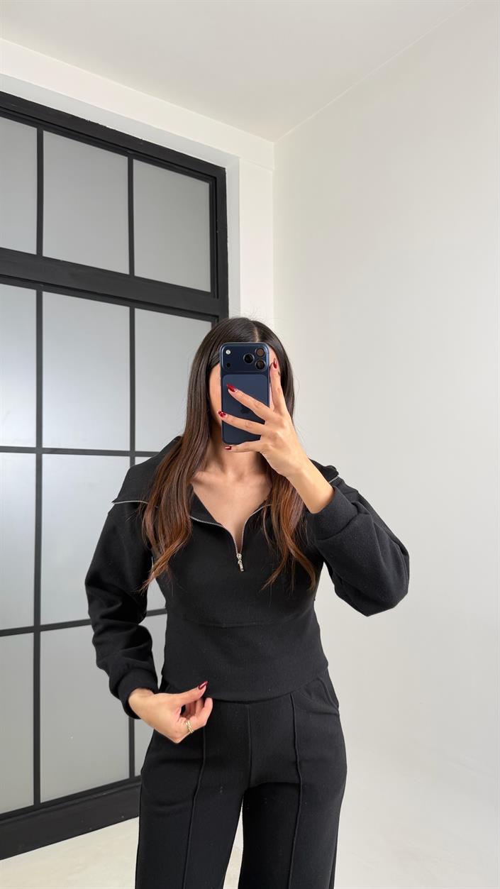 Siyah Fermuarlı Kazak Beli Lastikli Pantolon İkili Selanik Kumaş Takım GAUS-00781