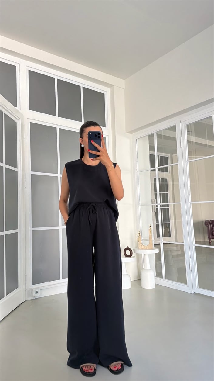 Lacivert Bluz Beli Lastikli Pantolon Yıkamalı Tencel Takım GAUS-01795
