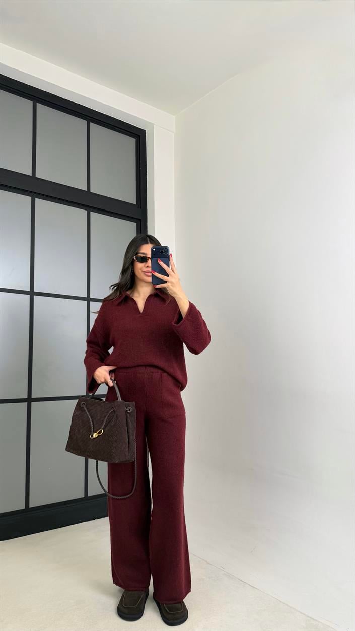 Bordo Polo Yaka Kazak Beli Lastikli Pantolon Triko Takım GAUS-00874