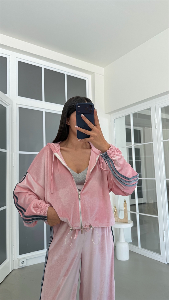 Pembe Şerit Detaylı Hırka Beli Lastikli Pantolon İkili Kadife Takım GAUS-02197