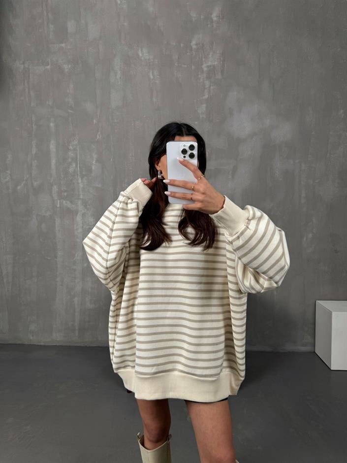 Felisya Vizon Çizgili Üç İplik Şardonlu Sweat