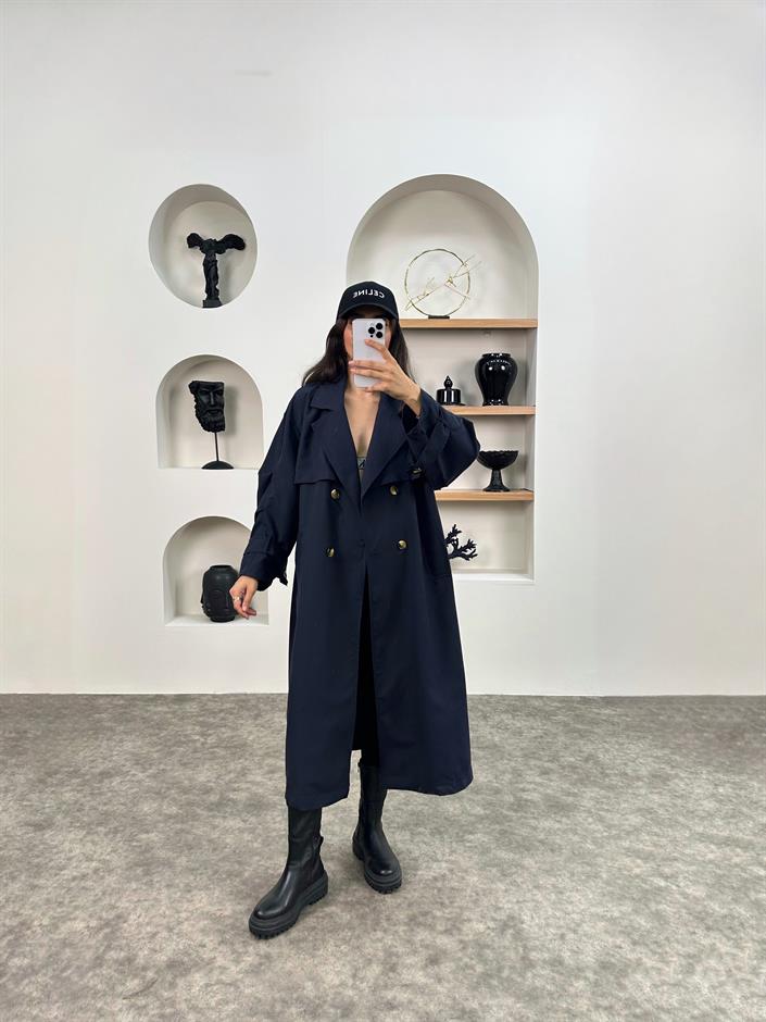 Wendy Lacivert Kemerli Astarsız Muadil Trençkot