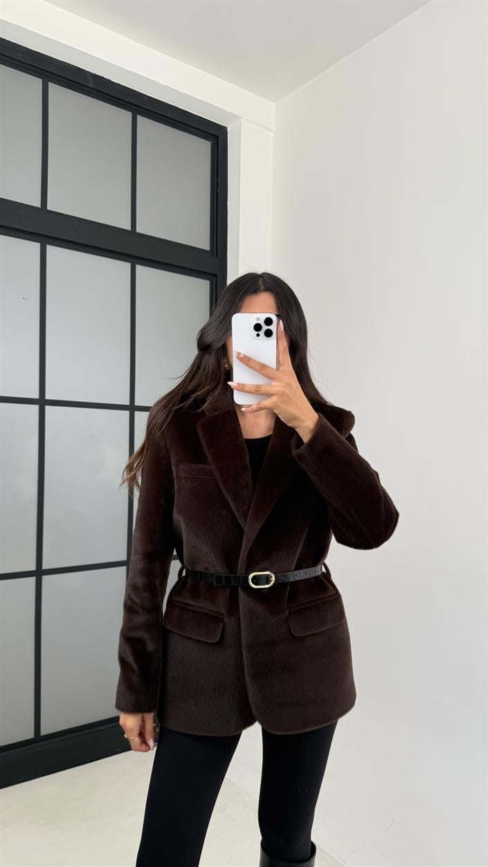 Acı Kahve Astarlı Kemerli Peluş Tüylü Ceket GAUS-00131