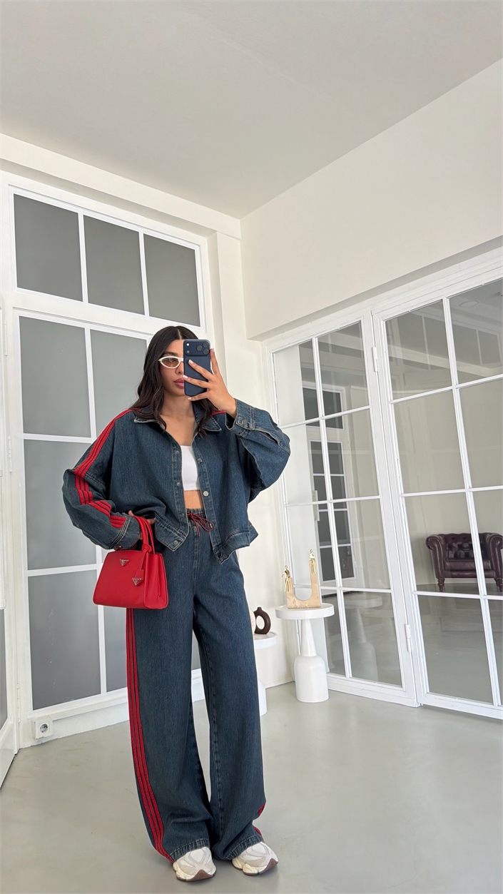 Kırmızı Şerit Detaylı Ceket Beli Lastikli Pantolon İkili Denim Takım GAUS-02094