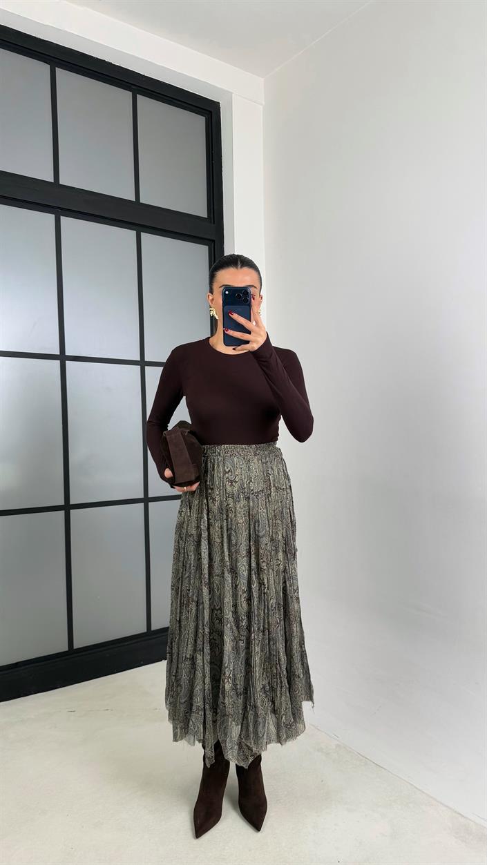 Yeşil Etnik Desenli Astarlı Şifon Etek GAUS-00788