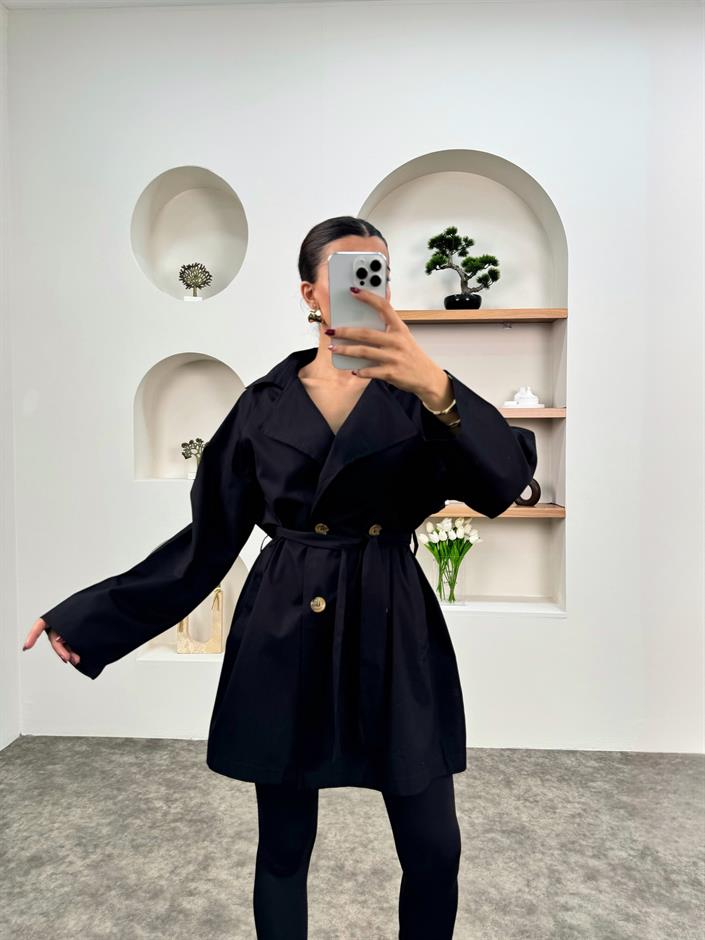 Anabel Siyah Kemerli Orta Boy Astarsız Trençkot