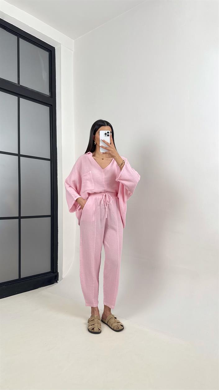 Pembe V Yaka Cepli Gömlek Beli Lastikli Pantolon İkili Müslin Takım MSLN01 Gaus00373