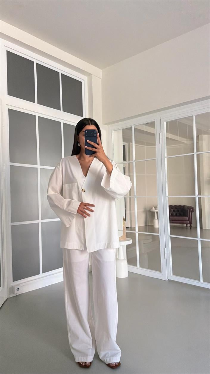 Beyaz Kimono Beli Lastikli Pantolon İkili Keten Takım GAUS-01491