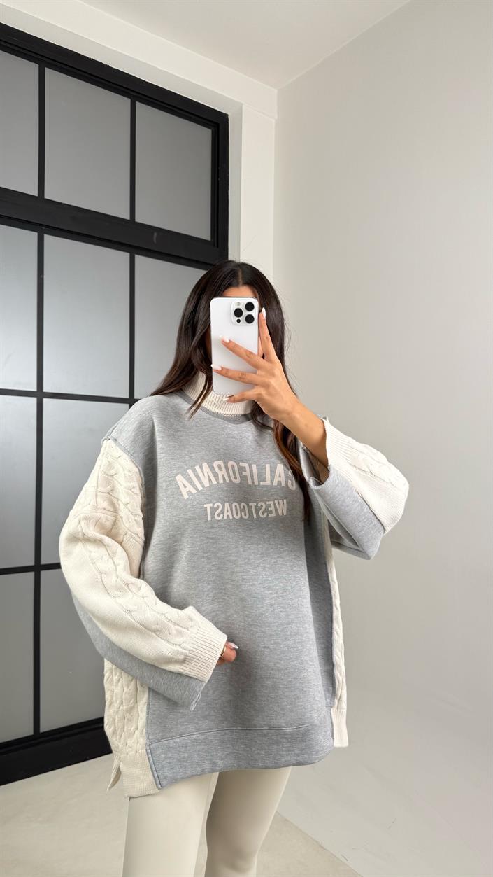 Gri California Yazılı Örgü Detaylı Kazak GAUS-00560