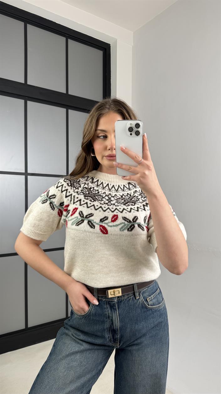 Acı Kahve Yumuşak Dokulu Desenli Kısa Kol Triko Kazak GAUS-01143