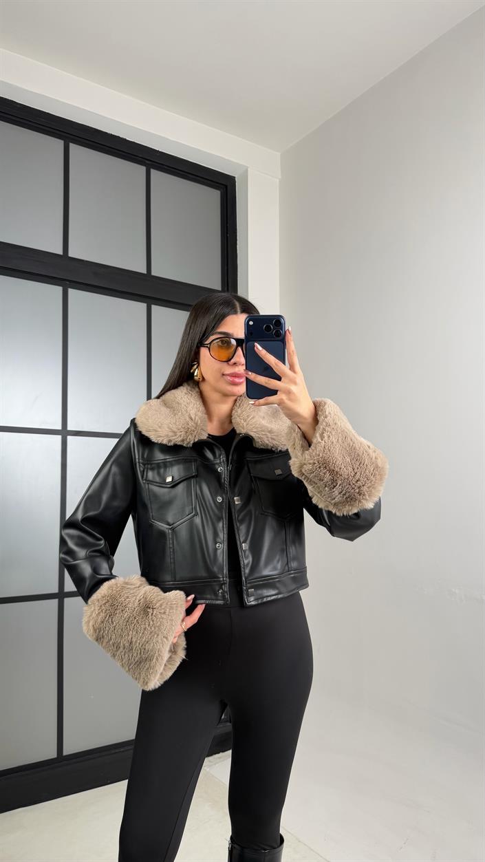 Siyah Astarlı Kürk Detaylı Premium Deri Ceket GAUS-01072