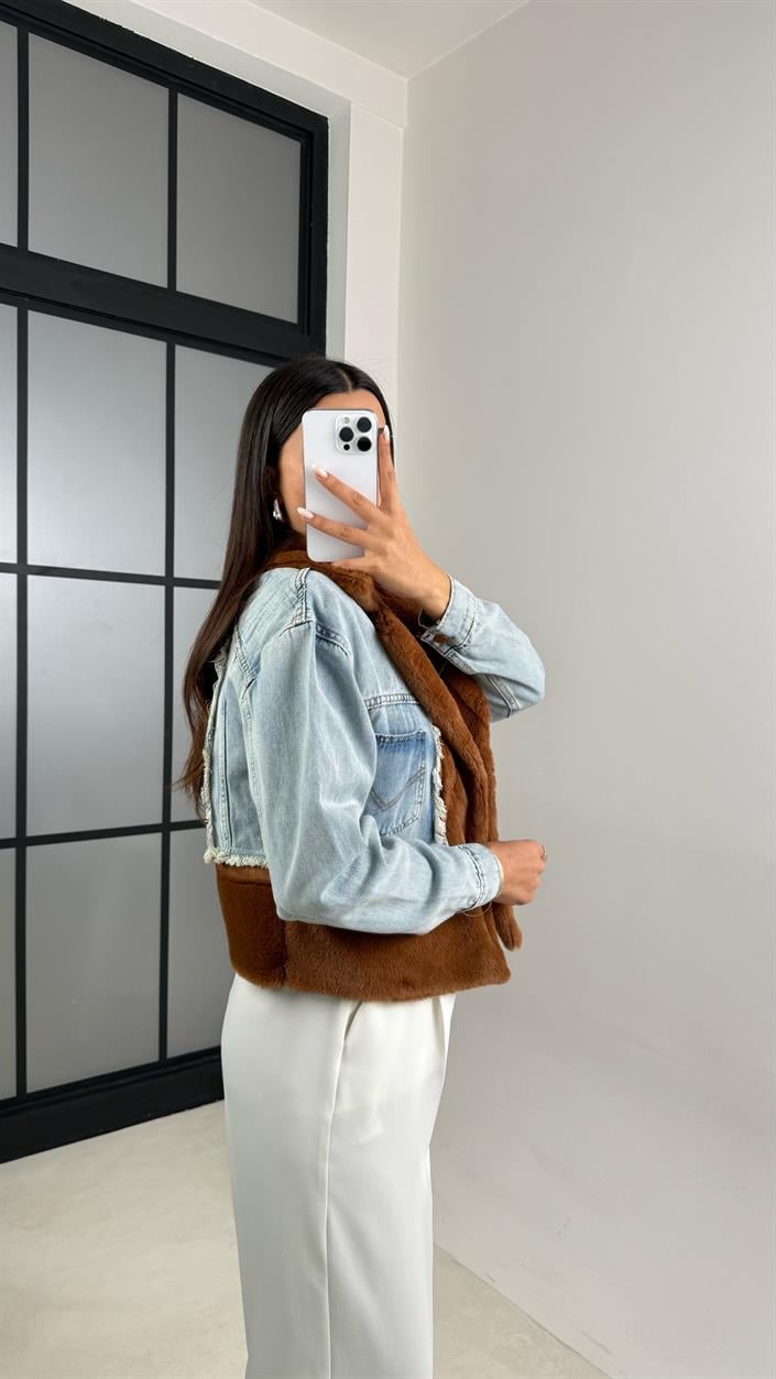 Kahve Denim Detaylı Peluş Ceket GAUS-00583