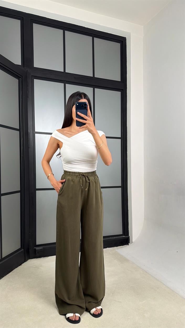 Yeşil Beli Lastikli Tencel Denim Pantolon GAUS-01474