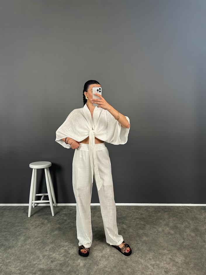 Trudy Beyaz Premium Astarlı Keten Takım 