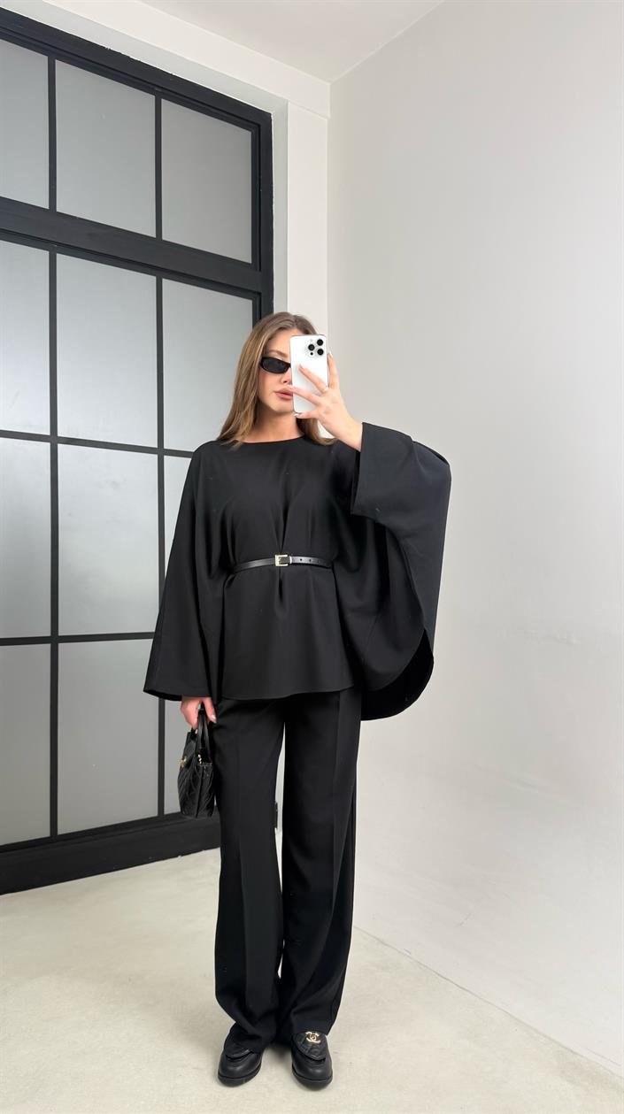 Siyah Kemerli Pelerinli Panço Beli Lastikli Pantolon Premium Takım GAUS-00989