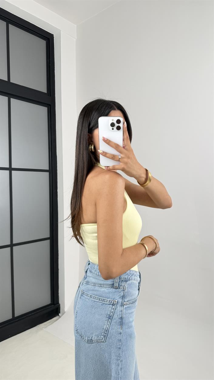 Sarı Boyundan Askılı Triko Crop Gaus00592
