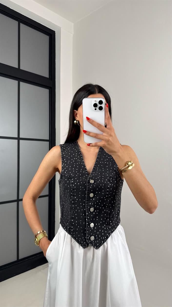 Antrasit Taşlı Tasarım Denim Yelek Gaus00486