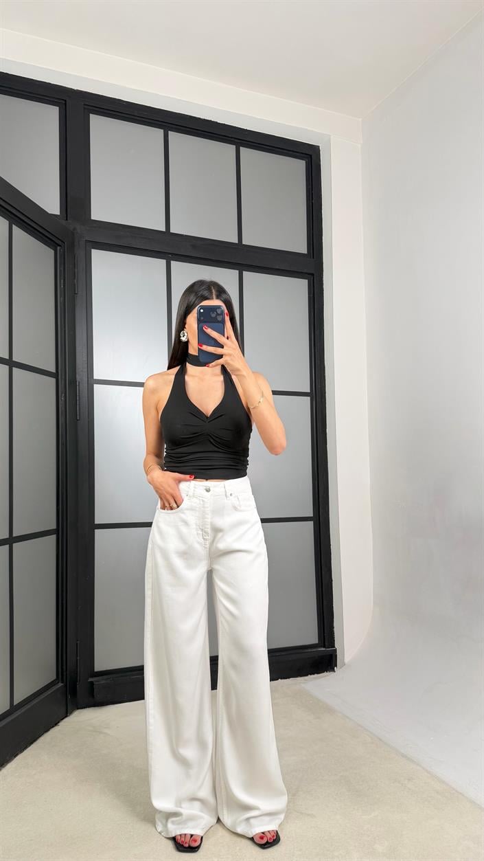 Beyaz Geniş Paça Denim Tencel Pantolon GAUS-01570