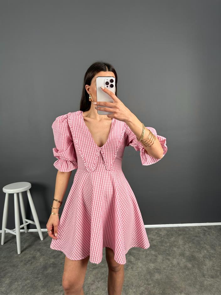 Vintage Pembe Pötikare Elbise 