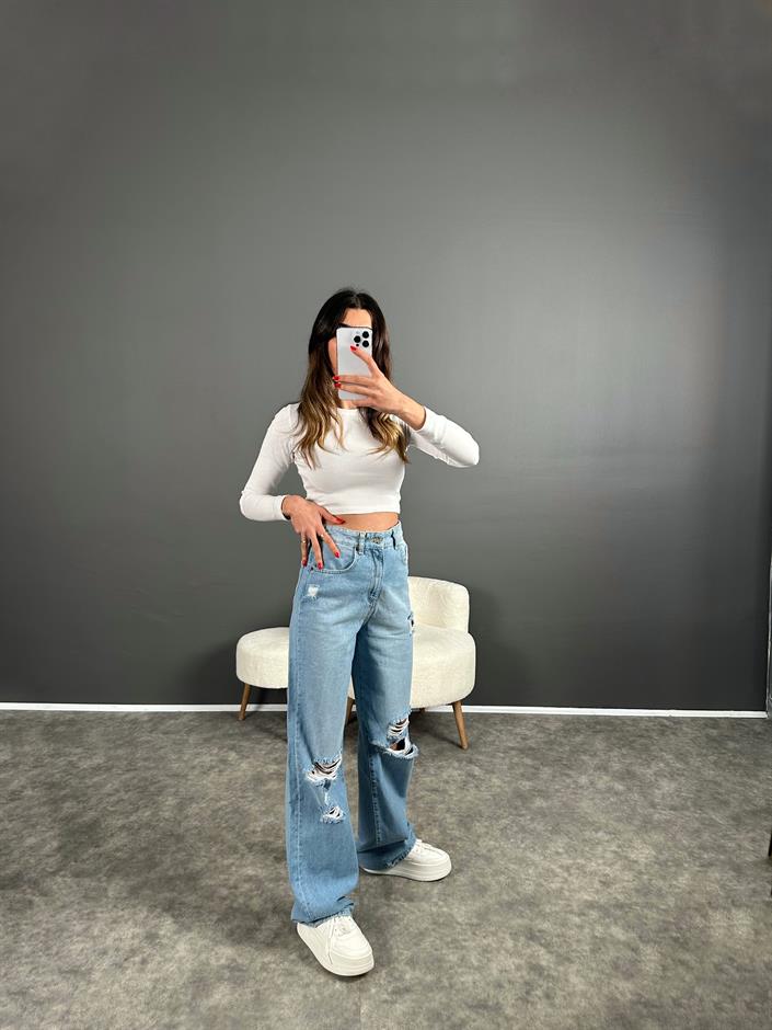Wina Mavi Yırtık Yüksek Bel Straight Jean