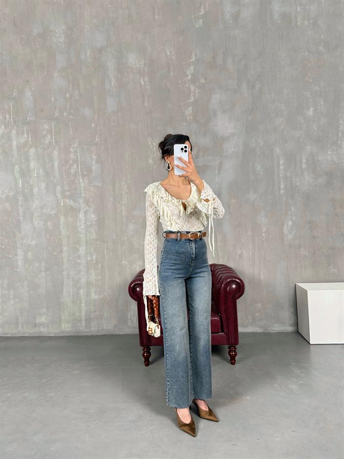 Koyu Mavi Kesik Paça Kemerli Jean Gaus00049