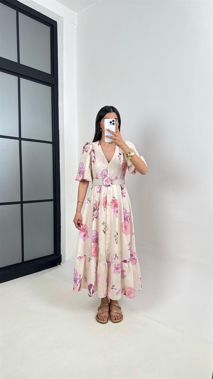 Taş V Yaka Pembe Çiçek Desenli Astarlı Balon Kol Kemerli Elbise Gaus00394