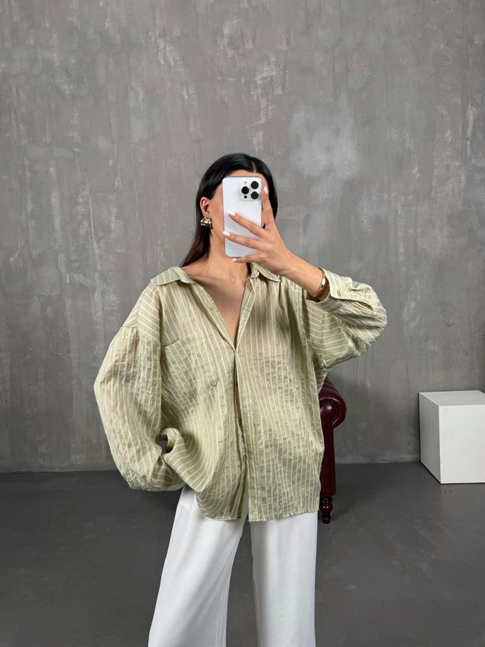 Yeşil Çizgili Oversize Gömlek Gaus0004