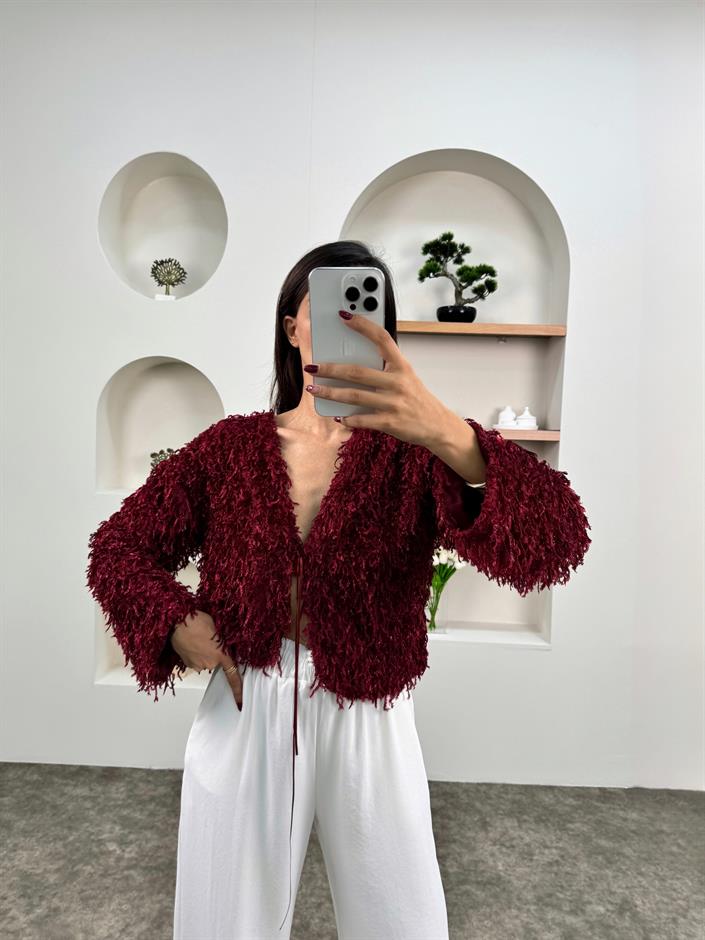 Yuka Bordo Bağlamalı Simli Püsküllü Hırka