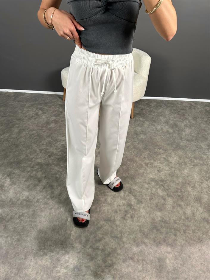 Rusha Beyaz Beli Lastikli Poliviskon Pantolon 