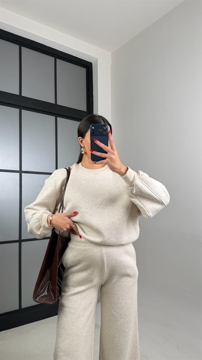 Bej Şardonlu Sweatshirt Eşofman Takım Gaus-01028