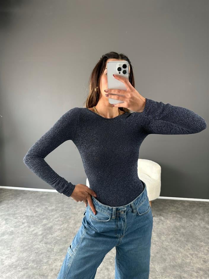 Gece Mavi Simli Bodysuit