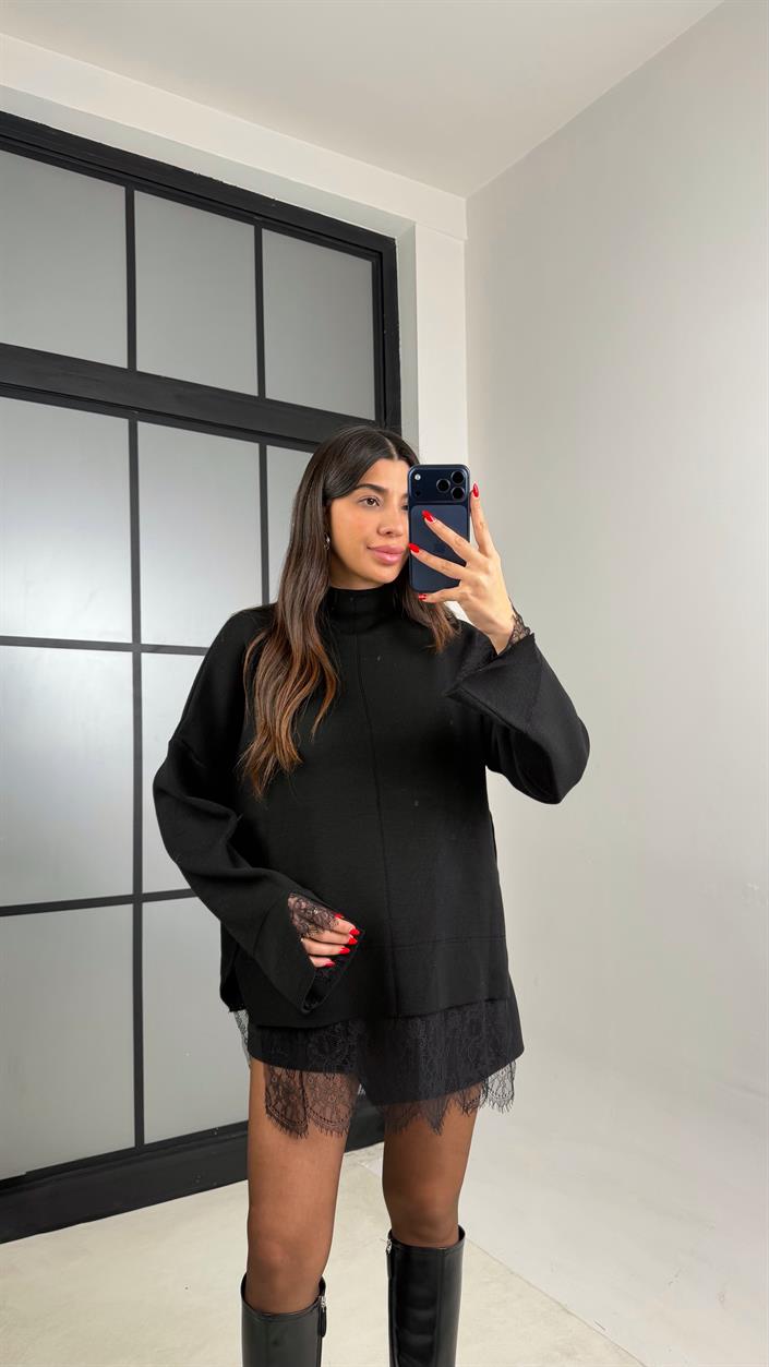 Siyah Dantel Detaylı Triko Kazak GAUS-01055