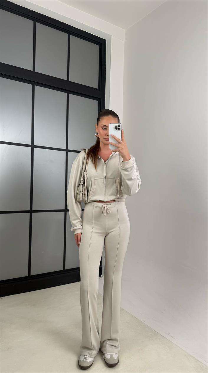 Taş Crop Hırka Beli Lastikli İspanyol Paça Pantolon İkili Takım GAUS-00557