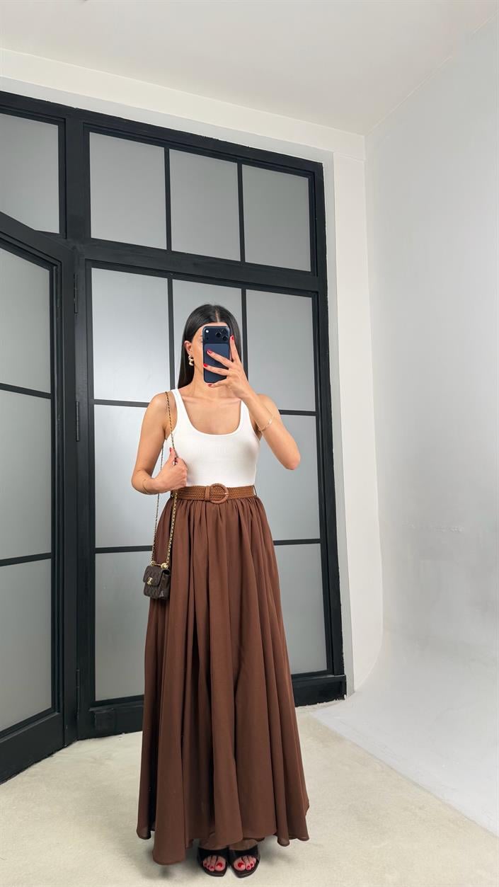 Kahve Kemerli Astarlı Etek GAUS-01549