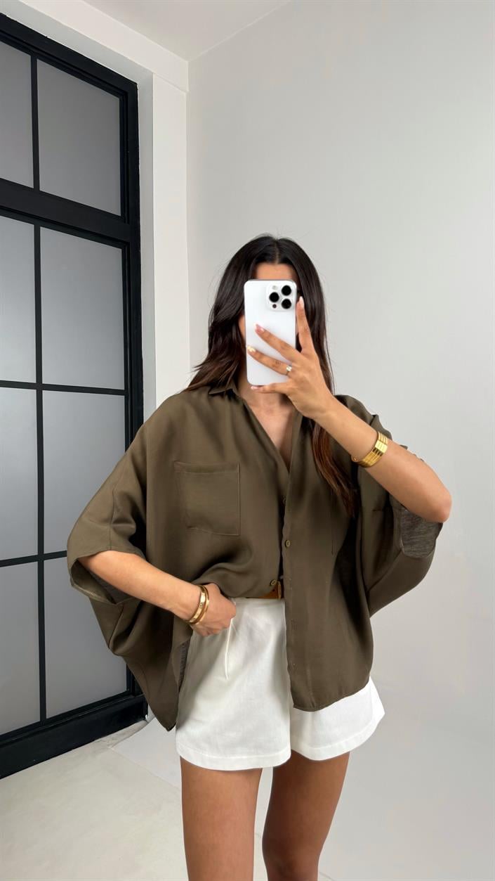 Haki Cep Detaylı Basic Tencel Gömlek Gaus00679