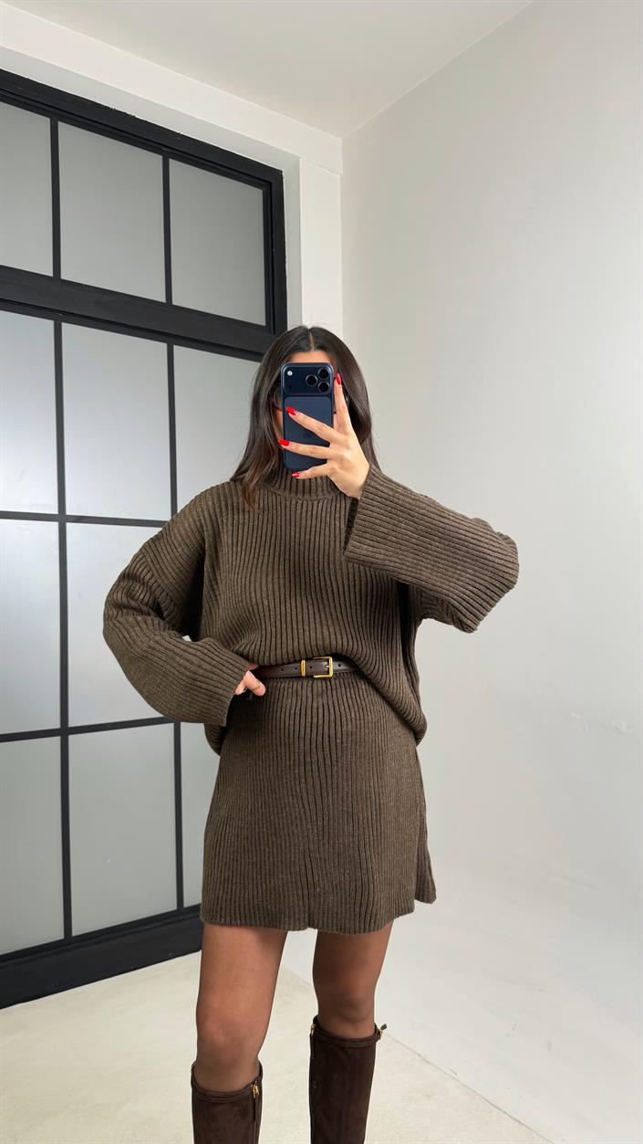 Kahve Şal Detaylı Hırka Kazak Beli Lastikli Etek Triko Takım GAUS-01039